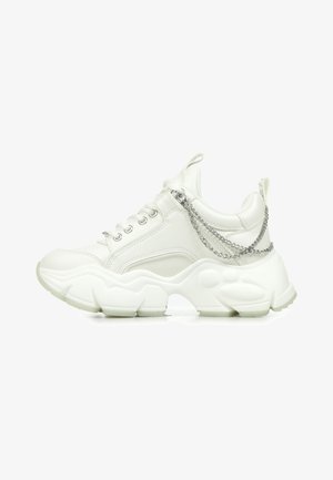 White sneakers with a chunky sole, smooth synthetic upper, lace-up design, and silver chain accents on the heel.