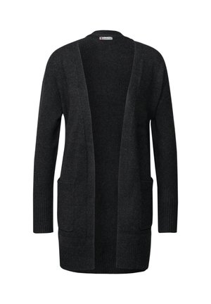 Cardigan noir en tricot doux et texturé. Design ouvert à l'avant avec des manches longues et deux poches devant. Poignets et ourlet côtelés.