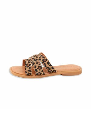 Flat slide sandal with tan sole and three wide leopard print straps crossing the top of the foot.