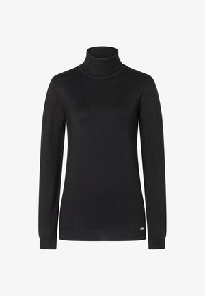 Schwarzer Rollkragenpullover aus glattem Strickstoff, mit langen Ärmeln, einem taillierten Design und einem schmalen Saum mit einem kleinen Markenetikett an der Seite.