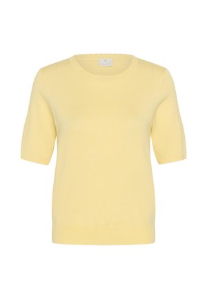 Pull en maille jaune à manches courtes avec encolure ronde et ourlet côtelé, présenté sur un fond blanc.