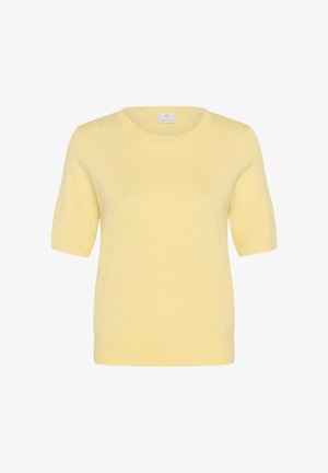 Pull en maille jaune à manches courtes avec encolure ronde et ourlet côtelé, présenté sur un fond blanc.