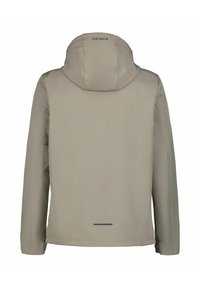 Veste d'extérieur beige avec capuche, texture lisse, manches ajustées et une bande réfléchissante en bas. Marque visible au dos.