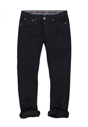 Schwarze Stretch-Denim-Jeans mit geradem Schnitt, fünf Taschen-Design und umgeschlagenem Saum. Mit silberfarbenen Beschlägen und einem gemusterten Taillenbund.