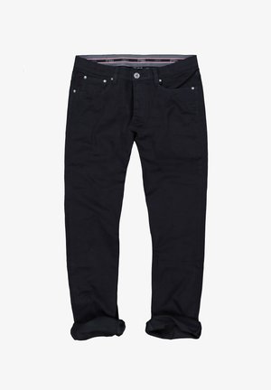 Schwarze Stretch-Denim-Jeans mit geradem Schnitt, fünf Taschen-Design und umgeschlagenem Saum. Mit silberfarbenen Beschlägen und einem gemusterten Taillenbund.