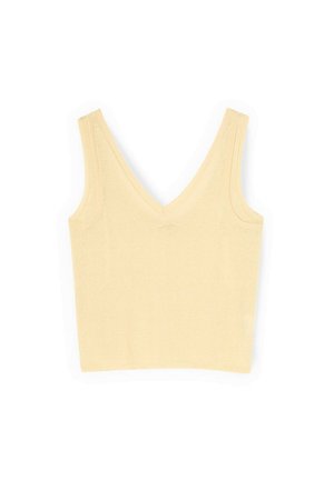 Top corto beige de punto sin mangas con escote en V profundo y tirantes anchos, mostrado plano sobre un fondo blanco.