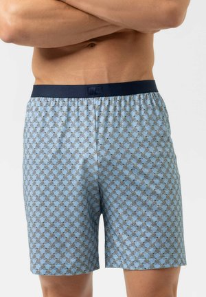 Homme portant un boxer bleu clair avec un motif répétitif de bicyclettes noires et une ceinture solide de couleur foncée, les bras croisés sur un torse nu.