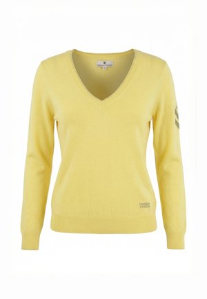 Maglione giallo a maniche lunghe con scollo a V, polsini e orlo a coste, piccolo logo vicino al fondo e dettaglio decorato sulla manica superiore sinistra.