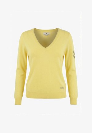 Maglione giallo a maniche lunghe con scollo a V, polsini e orlo a coste, piccolo logo vicino al fondo e dettaglio decorato sulla manica superiore sinistra.
