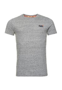 Grå kortärmad t-shirt i mjukt tyg, med en subtil struktur och en liten blå logotyp på vänster bröstområde.