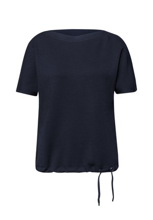 Haut tricoté bleu marine à manches courtes avec encolure bateau et ourlet à cordon ajustable.