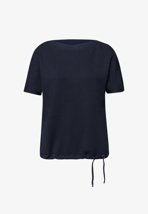 Haut tricoté bleu marine à manches courtes avec encolure bateau et ourlet à cordon ajustable.