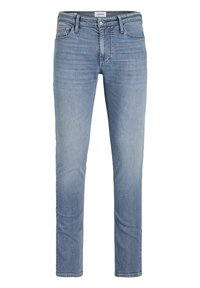 Jeans din denim de culoare albastru deschis cu un croi drept, design cu cinci buzunare și o finisare decolorată. Prezintă un buton metalic și detalii cu cusături.