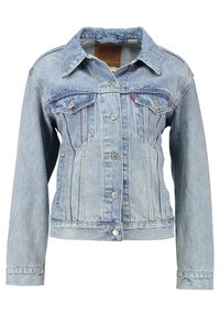 Světle modrá denimová bunda s špičatým límcem, předními kapsami, stříbrnými knoflíky a vyšitými švy. Klasický design s mírně přiléhavým střihem.