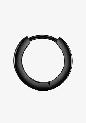 Runder schwarzer Metallring mit einer glatten, glänzenden Oberfläche. Verfügt über zwei sich überlappende, gewölbte Abschnitte an der Öffnung für ein modernes Design.