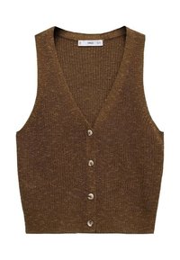 Brązowa dziana kamizelka z dekoltem w serek, z pięcioma guzikami z przodu. Tkanina ma teksturowane wykończenie i dopasowany krój.