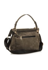Borsa a tracolla verde oliva con una texture liscia, dotata di una chiusura superiore con zipper, tasca anteriore, manico corto e una tracolla nera removibile. Accenti in metallo dorato.