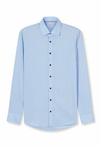 Hellblaues Hemd mit Knopfleiste, Muster aus kleinen schwarzen Punkten, langen Ärmeln und klassischem Kragen. Mit dunklen Knöpfen und abgerundetem Saum.