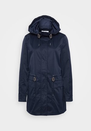 Navy waterproof jacket with a hood, two front pockets, adjustable drawstrings, smooth texture, and silver-tone hardware accents.