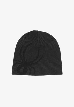 Gorro de punto negro con un diseño de araña texturizado en un negro más oscuro. Presenta un tejido suave y flexible y una parte superior redondeada para un ajuste ceñido.