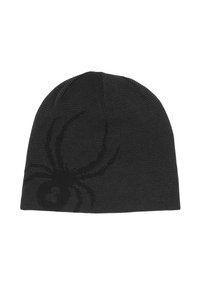 Black knit beanie with a textured spider design in darker black. Features a soft, flexible fabric and rounded top for a snug fit.