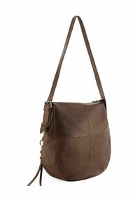 Borsa a spalla in pelle marrone con tracolla regolabile, forma arrotondata e pannelli piatti. Superficie texturizzata con dettagli di cucitura e chiusura con zip.