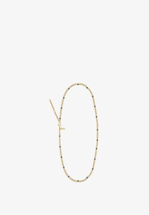 Goldkette mit abwechselnd schwarzen Perlen und goldenen Akzenten, mit Verschluss und verstellbarem Kettendetail.