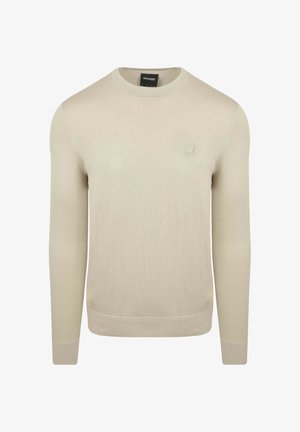 Beige trui van soepel breiwerk. Heeft een ronde hals en een slim fit met een subtiele logo-accent op de borst.