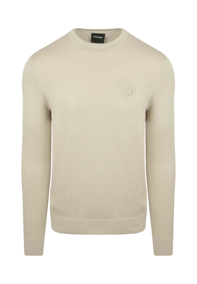Beige trui van soepel breiwerk. Heeft een ronde hals en een slim fit met een subtiele logo-accent op de borst.