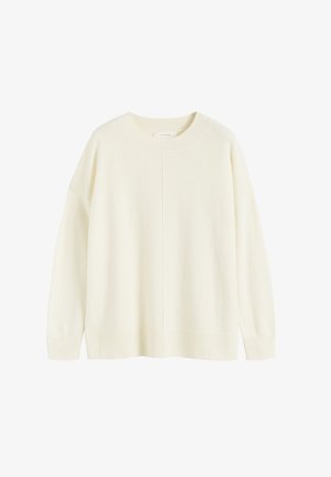 Elfenbeinfarbener Strickpullover mit Rundhalsausschnitt, überschnittenen Schultern und geripptem Saum. Verfügt über eine zentrale Nahtdetails und eine weiche Textur.