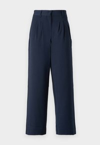 Navy blue wide-leg trousers with a smooth texture, featuring pleats at the front, belt loops, and side pockets.