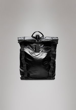 Black roll-top backpack made of textured, glossy material. Features adjustable straps and a top handle. Simple design with no visible logos.