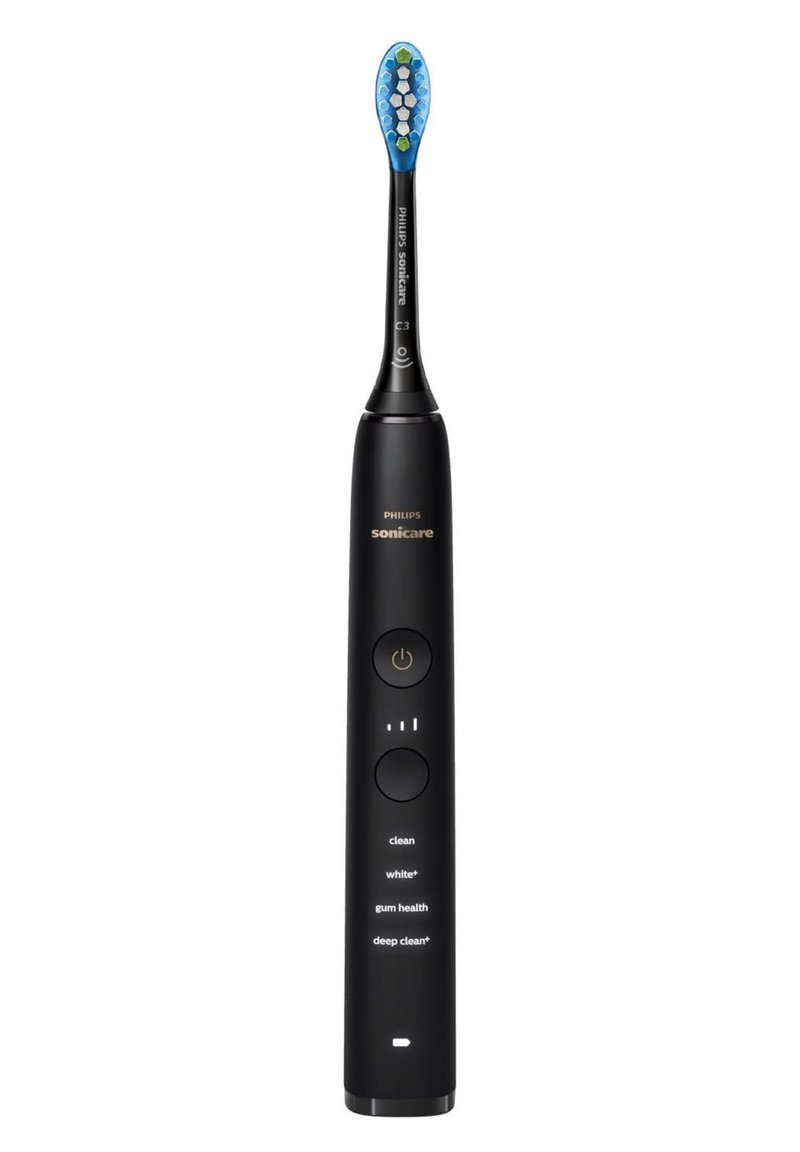 Spazzolino elettrico Sonicare nero con testina blu e verde, dotato di pulsanti per le modalità: pulizia, sbiancamento+, salute delle gengive e pulizia profonda.