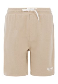 Beige shorts, jotka on valmistettu pehmeästä kankaasta, jossa on joustava vyötärö, valkoinen kiristysnauha ja sivutaskut. "PROTEST"-logo printattuna valkoisena.