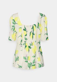 Blusa floral com decote quadrado, mangas curtas e bufantes, feita de tecido leve. Apresenta um padrão de limões amarelos sobre um fundo claro.