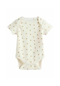 Kurzärmliger Baby-Body aus crèmefarbenem Rippstoff, mit einem ganzflächigen Tannenzapfenmuster und Druckknöpfen im unteren Bereich.