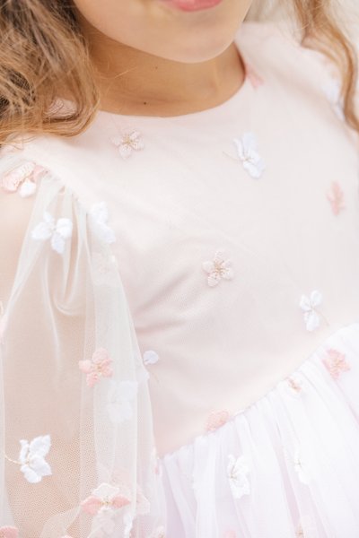 Robe rose pâle à manches bouffantes transparentes, décorée de fleurs brodées en blanc et rose. Jupe fluide en tulle doux.