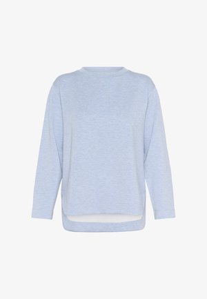 Bluză cu mâneci lungi, de culoare albastru deschis, dintr-un material moale, cu textură. Are gât rotund și tiv inferior mai lung în spate, cu tăieturi laterale, oferind o croială lejeră.