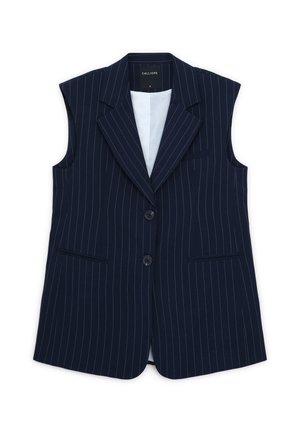 Navy blue sleeveless blazer with white pinstripes, notch lapels, two front pockets, and two-button closure. Lined interior.