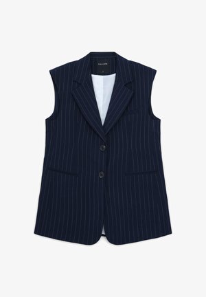 Blazer sans manches bleu marine avec des rayures blanches, revers crantés, deux poches avant et fermeture à deux boutons. Doublure intérieure.