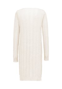Cardigan leggero color crema a maglia, con maniche lunghe, motivo a tessitura aperta e orlo di lunghezza media. Finitura testurizzata con dettagli sottili.