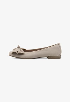 Beige ballet flat with a rounded toe, featuring a fabric bow on the front. Smooth texture and low, wooden-like heel.