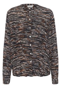 Camicia a righe bianco e nero con strisce orizzontali in tonalità ruggine, scollo rotondo, chiusura con bottoni, maniche lunghe e vestibilità comoda.