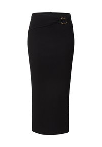Schwarzer, gerippter Midirock mit einer figurbetonten Silhouette, der ein Twist-Detail an der Taille und einen runden, goldfarbigen Hardware-Akzent aufweist.