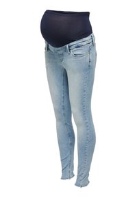 Jeans ajustados de materinidad en denim azul claro, con un panel elástico azul oscuro en la cintura y una silueta ajustada con ligero desgaste en el dobladillo.