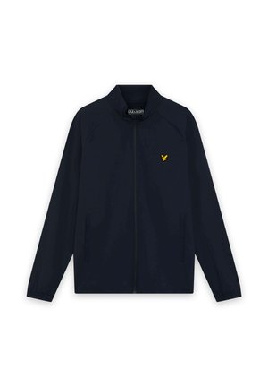 Veste zippée bleu marine à manches longues, poignets élastiques, deux poches avant et petit logo d'aigle jaune sur la poitrine gauche.