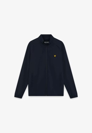 Veste zippée bleu marine à manches longues, poignets élastiques, deux poches avant et petit logo d'aigle jaune sur la poitrine gauche.