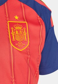 Röd och blå fotbollströja med en framträdande gul emblem som visar en krona och en sköld. Designen inkluderar vertikala ränder och söm detaljer.