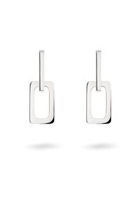 Zilveren oorbellen met een rechthoekig ontwerp en een gepolijste afwerking, opgehangen aan een rechte staafverbinder.