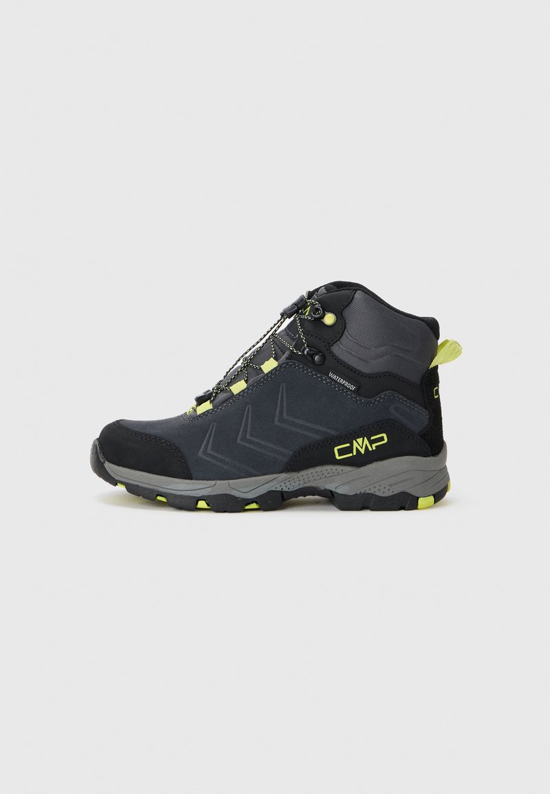 Waterproof hiking boots with a black synthetic upper, grey accents, yellow laces, and a rugged sole for traction. Features logo detail.